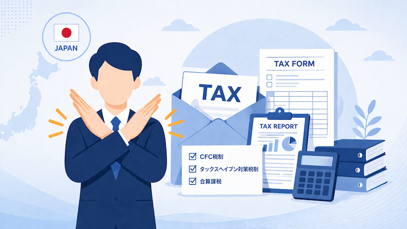 日本居住者がラブアン法人を保有する場合、日本側のタックスヘイブン対策税制(CFC税制)の影響を受ける可能性を示す注意喚起イラスト