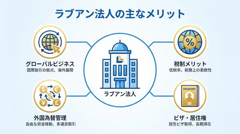 ラブアン法人の主要メリット(低税率・国際取引・100%外資・ビザ戦略)を視覚的に示したアイキャッチ画像